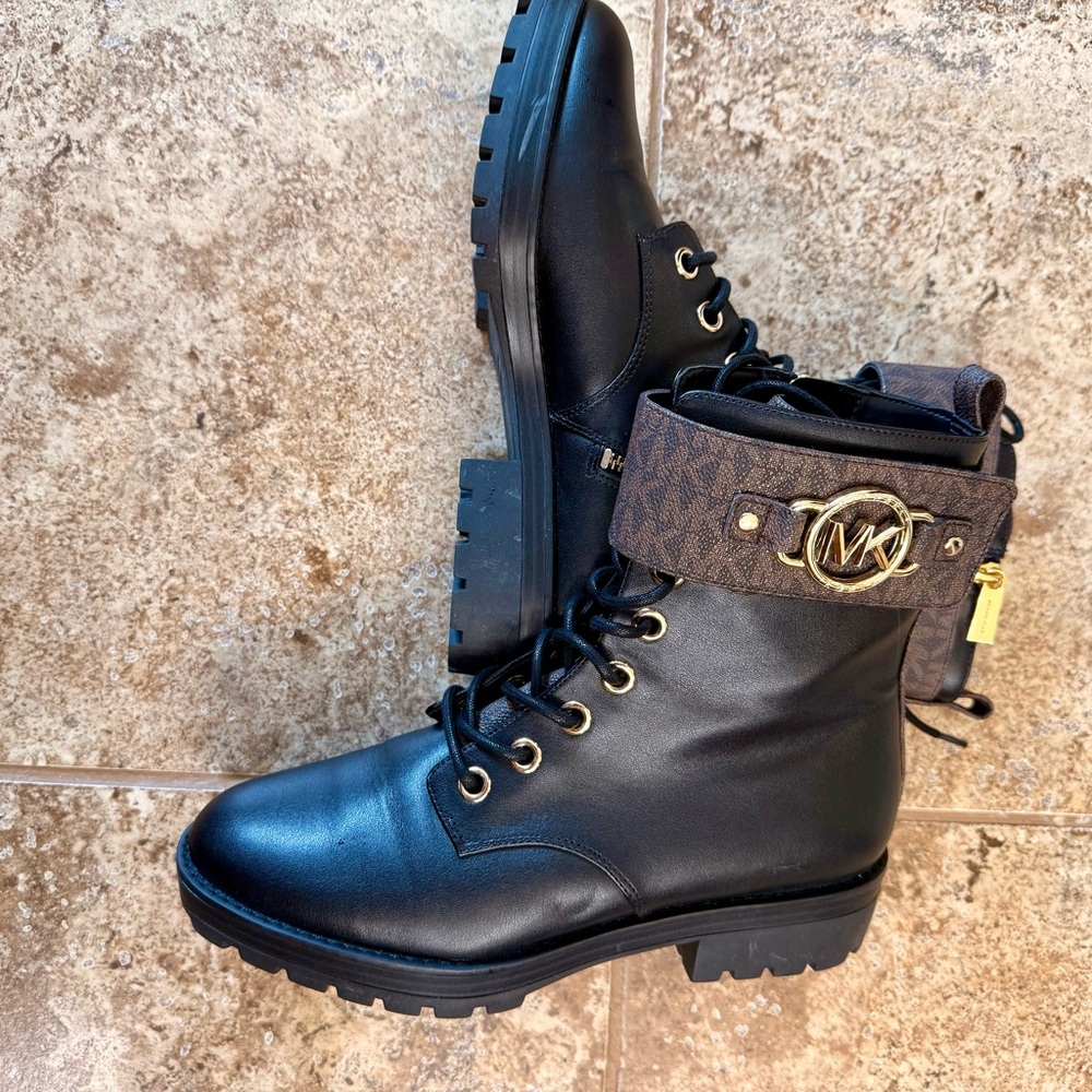 Michael Kors Black Leather Ankle Boots with Brown Straps - Picture 2 of 8